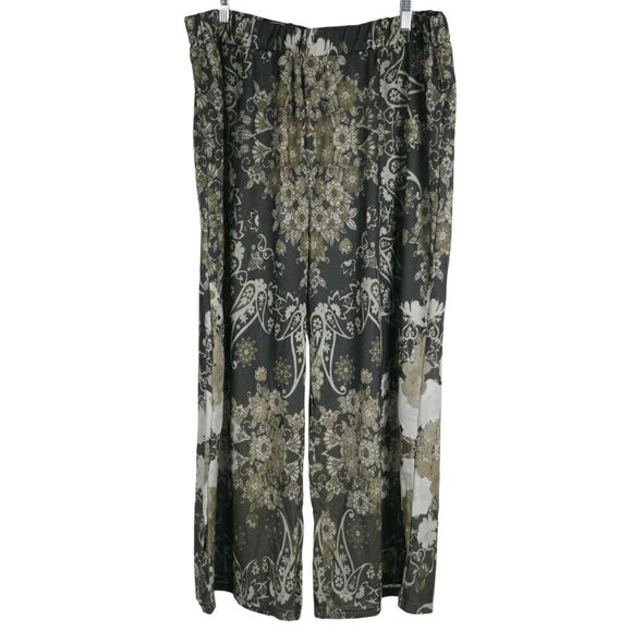 Women's Green Floral Elastic Waist Wide Leg Pants 4XL - Picture 1 of 7